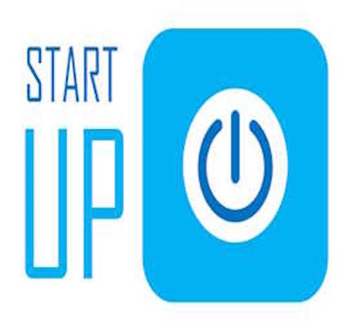 Gründungsberatung Logo mit blauem Hintergrund, dem Text "START UP" und einem Einschaltknopf-Symbol.