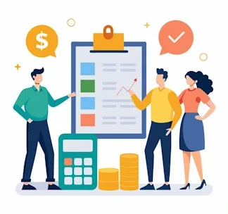 Insolvenzberatung und Schuldnerberatung Drei Personen diskutieren Finanzen vor einem Notizblock und einem Taschenrechner.