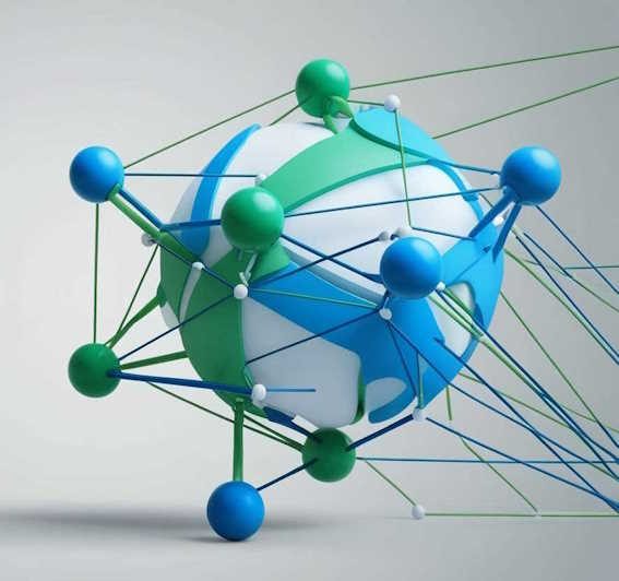 Unternehmenskrise überwinden Grafik einer Erde, umgeben von vernetzten, bunten Knoten und Linien.